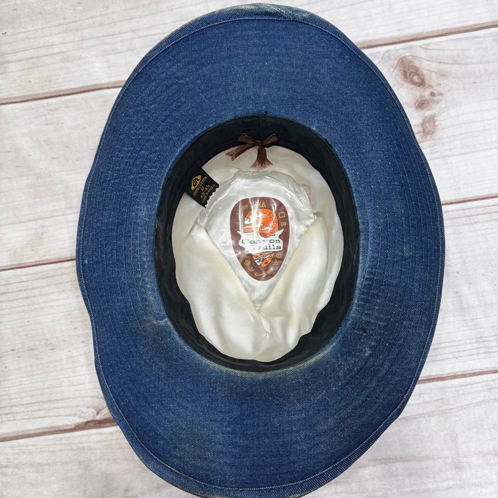 Vintage Denim Cowboy Hat By Canyon Trails Multicolor Ribbon & Feather 3” Brim - Picture 5 of 7